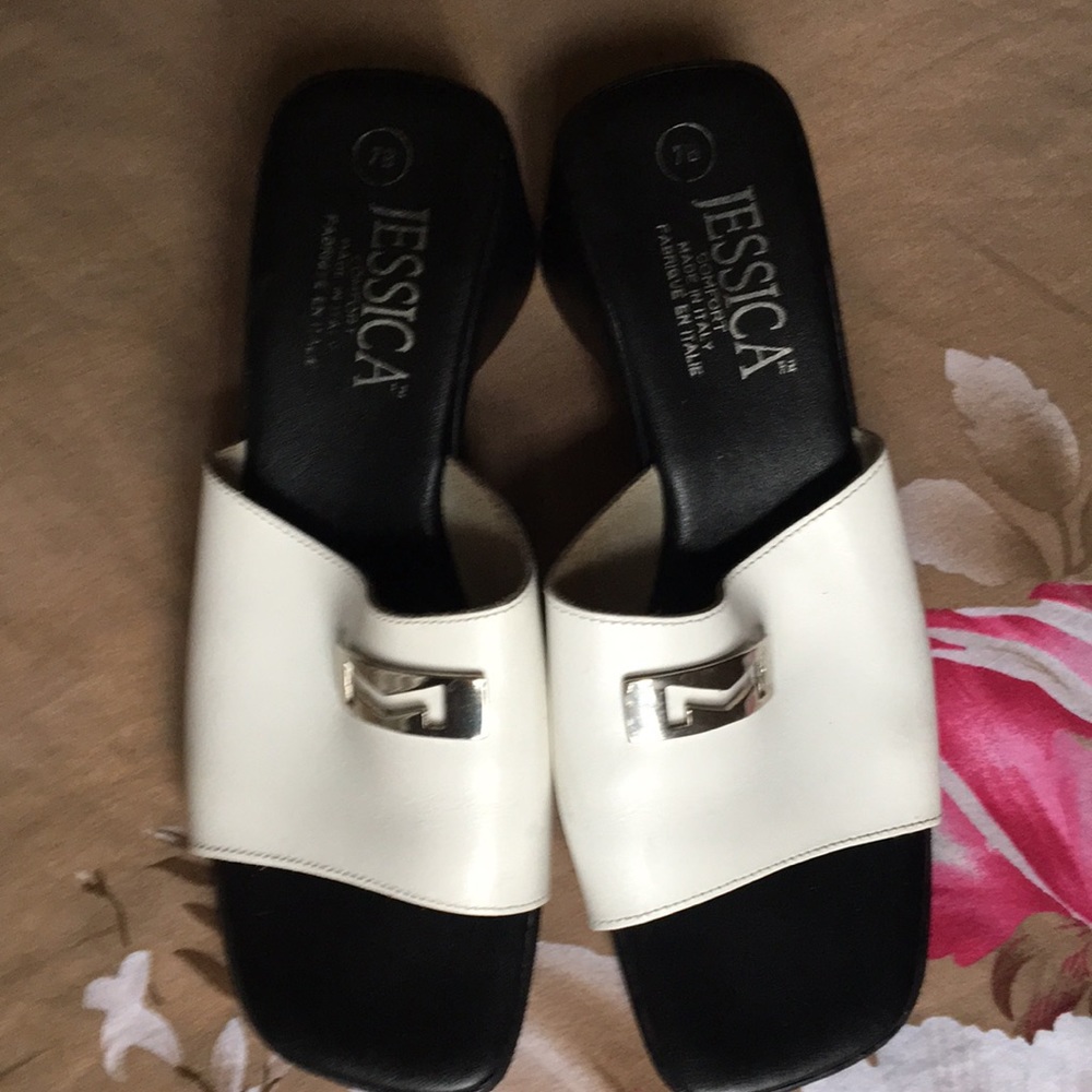 Jessica White Leather Slide Sandals with Silver Accent